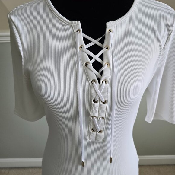 WHBM FORME Short Sleeve Lace Up Criss Cross White Ribbed Top Size Medium NWT - Picture 5 of 8
